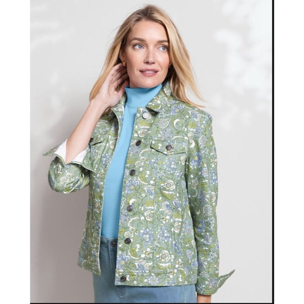 Appleseeds Womens Plus 2X Floral Jacket‎ Green Blue Long Sleeve Button Front